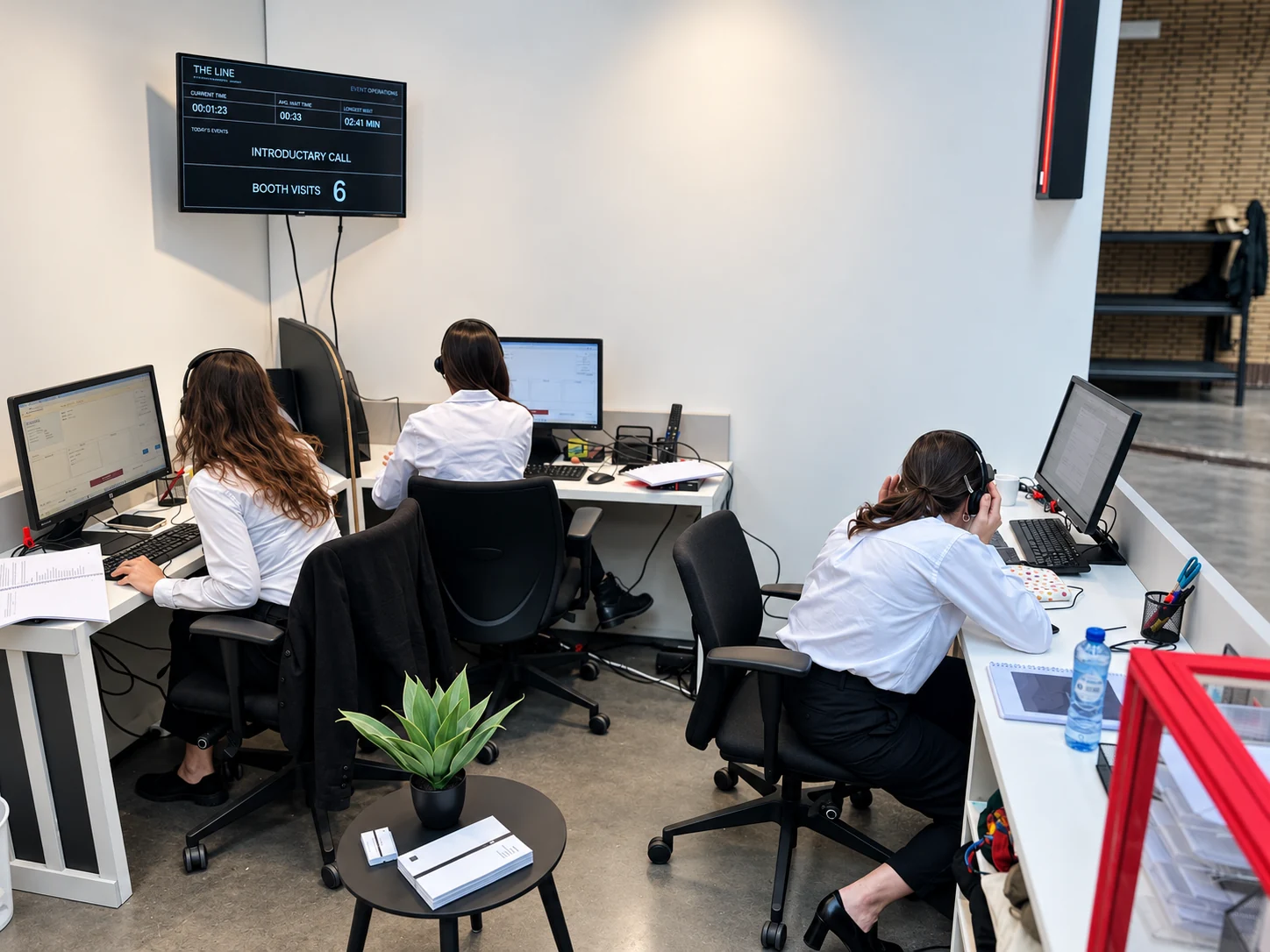 Three agents wearing headsets at separate desks, beneath a screen showing call and booth statistics.